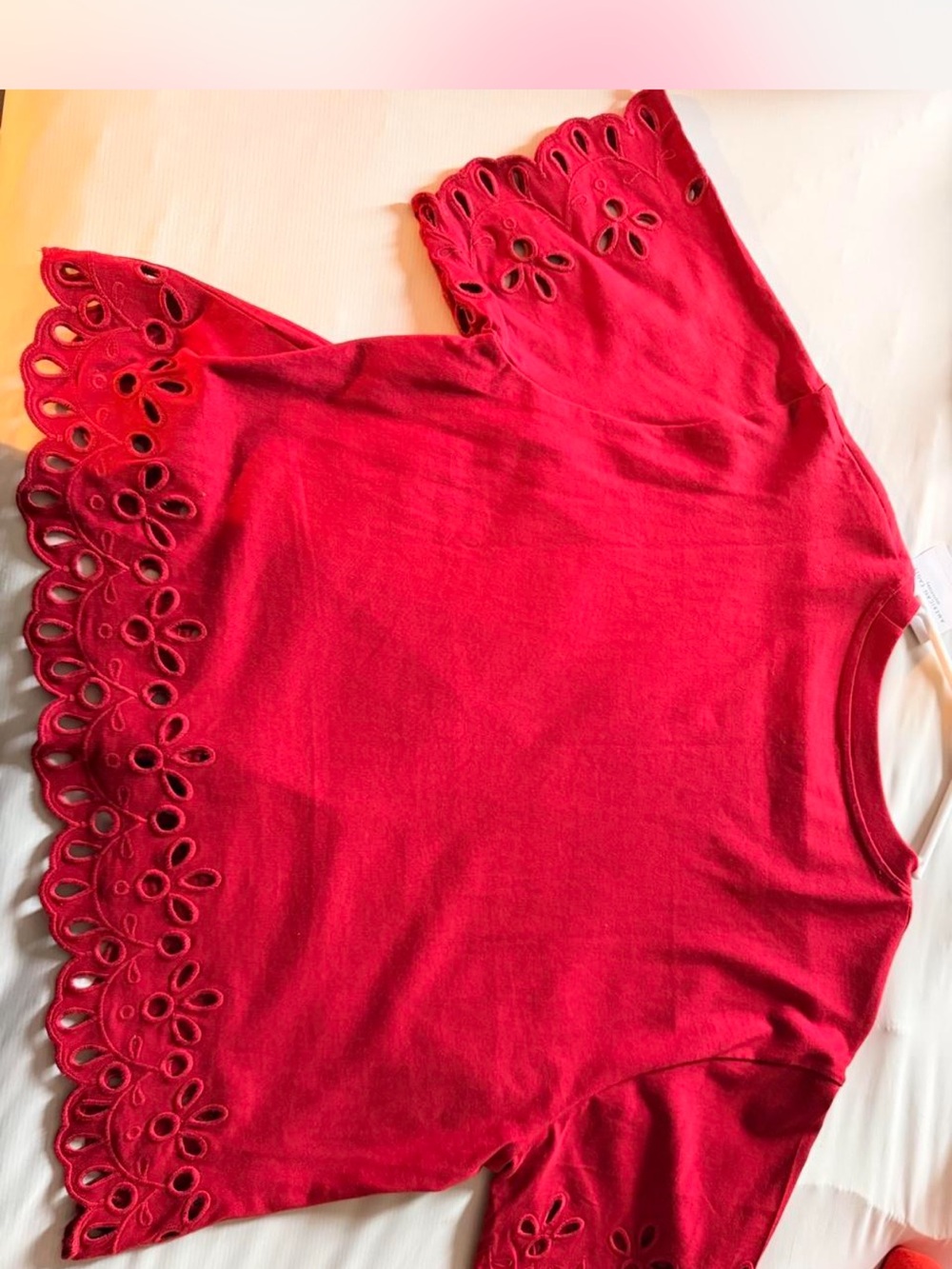 American Eagle Outfitters Red Eyelet-Hem Short Sleeve Top